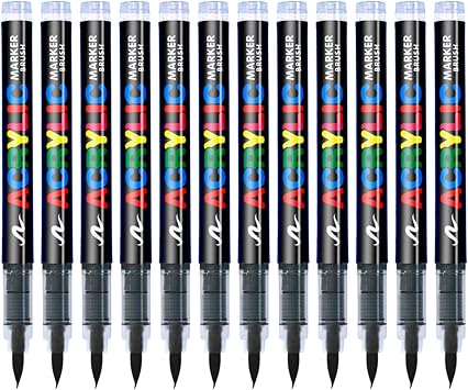 KsopiaVobs Acrylic Paint Pens, Soft Brush Tip Acrylic Paint Markers, Acrylic Markers Ideal for Canvas, Rock Painting, Wood, Stone, Glass, Ceramic, Fabric Painting, DIY Crafts 12 Pcs Black
