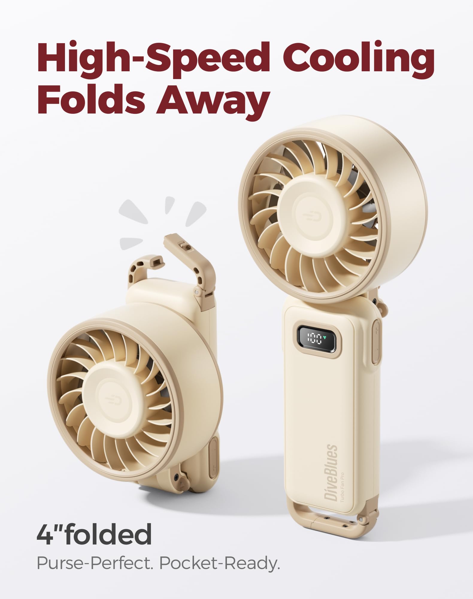 Diveblues Portable Handheld Fan, 7.4m/s High Speed Turbo Fan, 180° Foldable 4-in-1 Personal Neck Fan Carabiner Clip, 100 Speed Stepless Control, USB-C Rechargeable for Travel, Makeup Hot Flashes,D6036 - 3