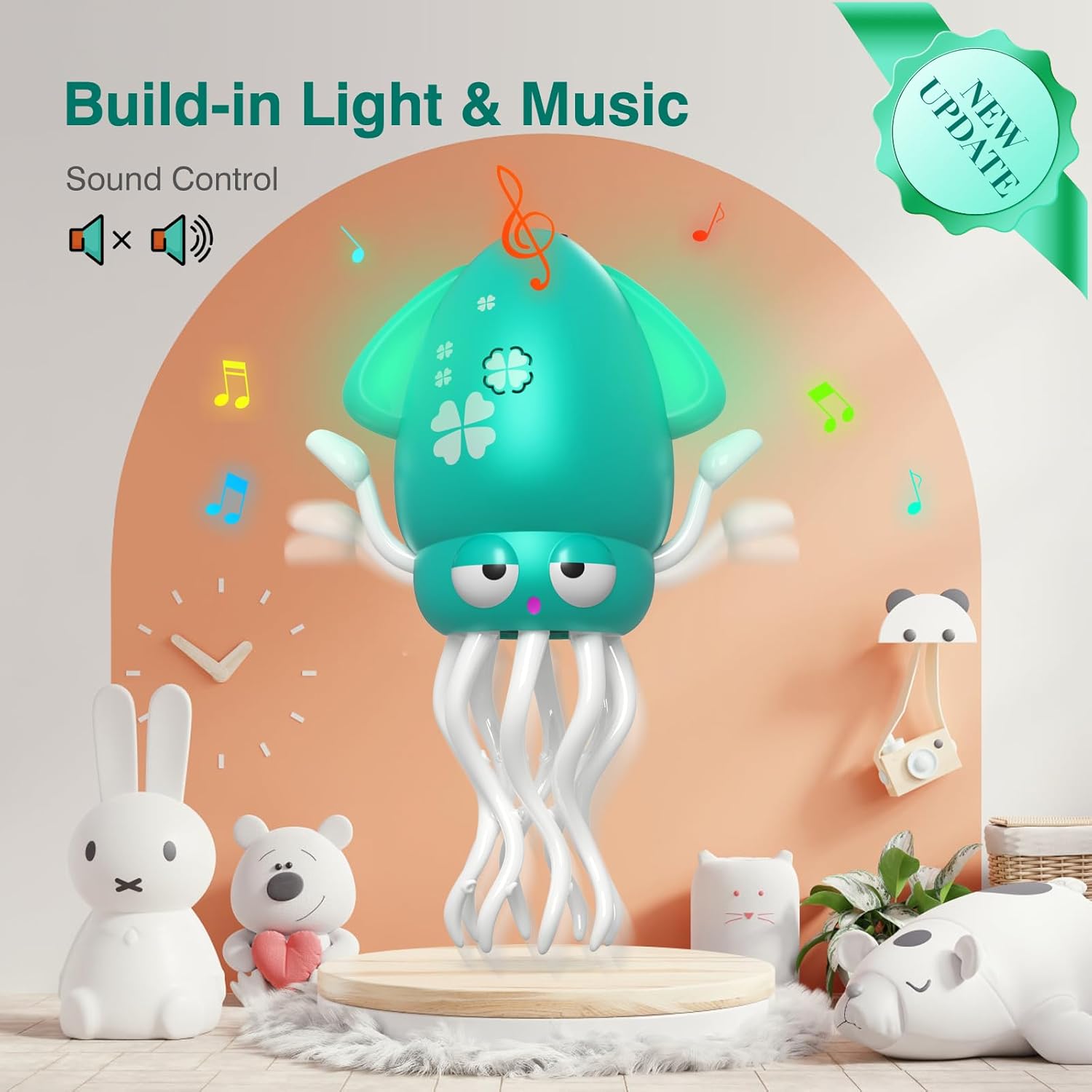 Dancing Squid Baby Toy, Crawling Octopus Squid Tummy Time Toy, Rechargeable Magic Dancing Music & LED Octopus for 3 4 5 6 Year Old Kids Boy Girl Birthday Gifts, Funny Squid for Floor Games (Green)