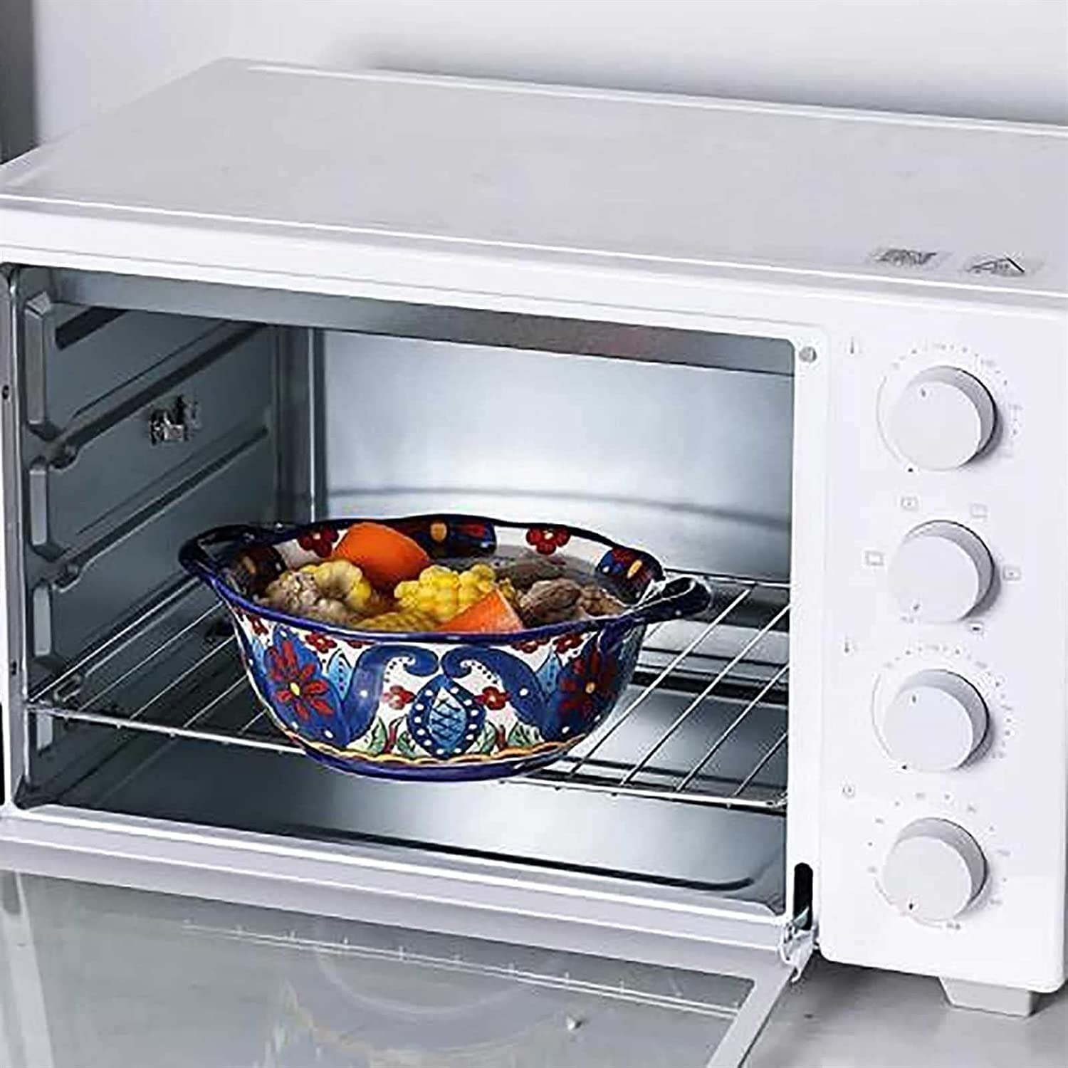 Henkel Suppentasse Suppenschüssel Elegante Suppenschüsseln aus Keramik mit Löffel, 26 Unzen große handbemalte Zwiebelsuppenschüssel mit Blumen und Griff, Frühstücks-Haferflocken-Salat-Müsli(Blu)