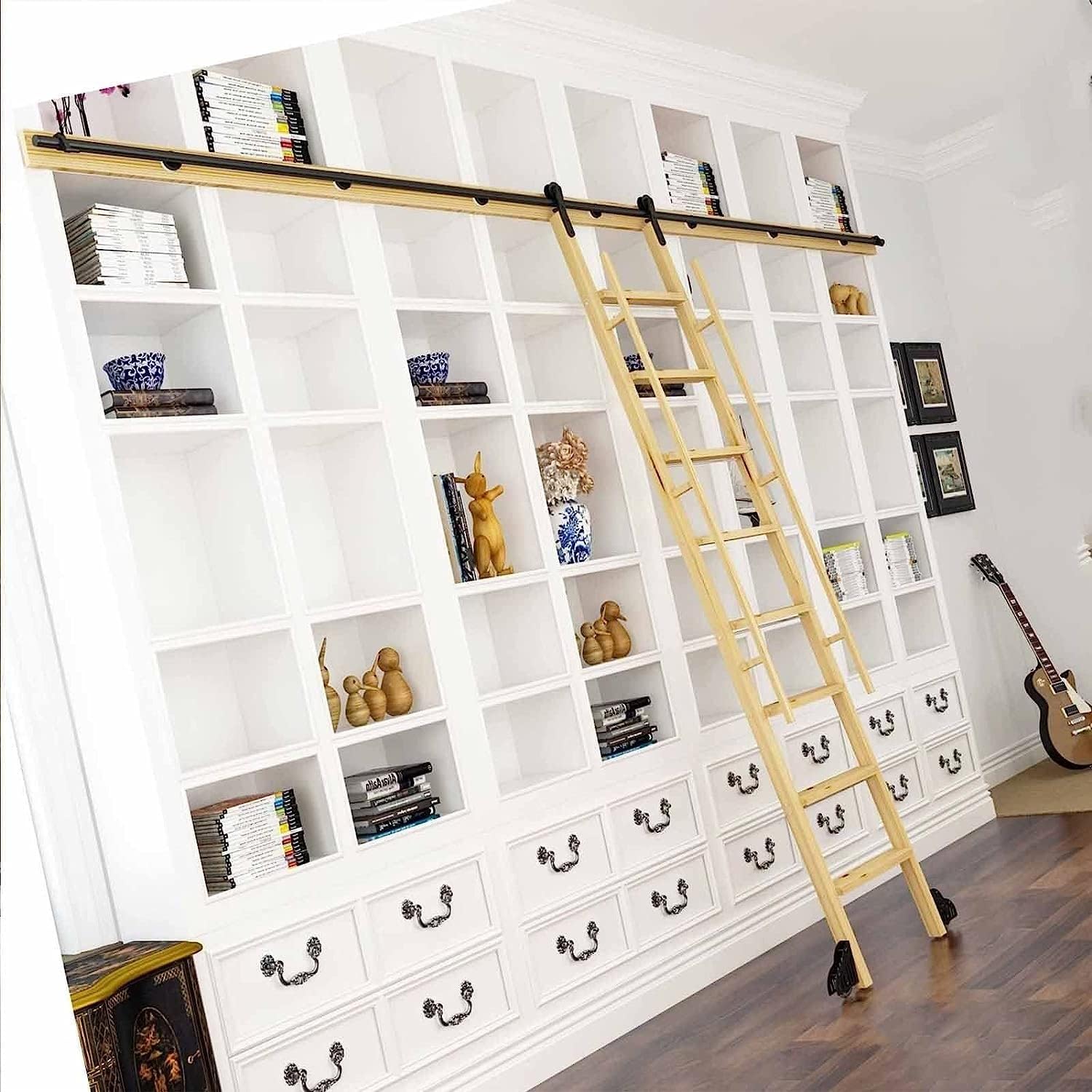 Rolling Library Sliding Ladder Hardware Kit - Sliding Door Track Hardware Accessories, Mobile Ladder Hardware Kit, with Floor Rollers, Carbon Steel, Smooth and Quiet Sliding, No La