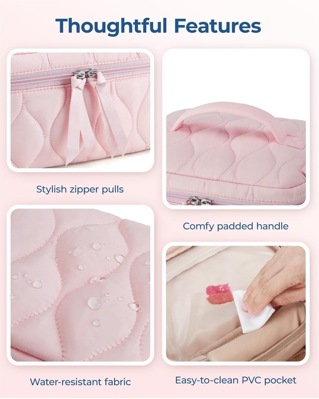 RUVOO Portátil para Viaje Bolsas Bolsa De Cosméticos De Viaje, Bolsa De Cosméticos Acolchada Esponjosa, Bolsa De Maquillaje For Mujer, Bolsa De Aseo Organizador Maquillaje(Pink)