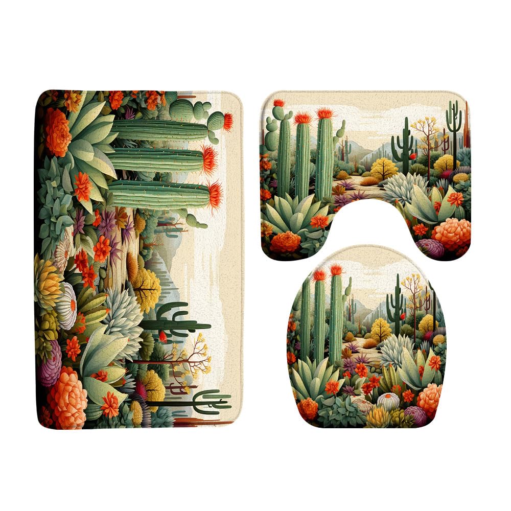 Cactus 3 Pcs Bath Rugs Set,Tropical Succulent Plant Green Cacti Flower Mountain Desert Landscape Modern Boho Bathroom Kitchen Rug with 17.8