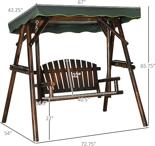 Miniatura 7 de Outsunny Silla de columpio para patio para 2 personas, banco de porche de madera colgante al aire libre con toldo ajustable y bandejas laterales