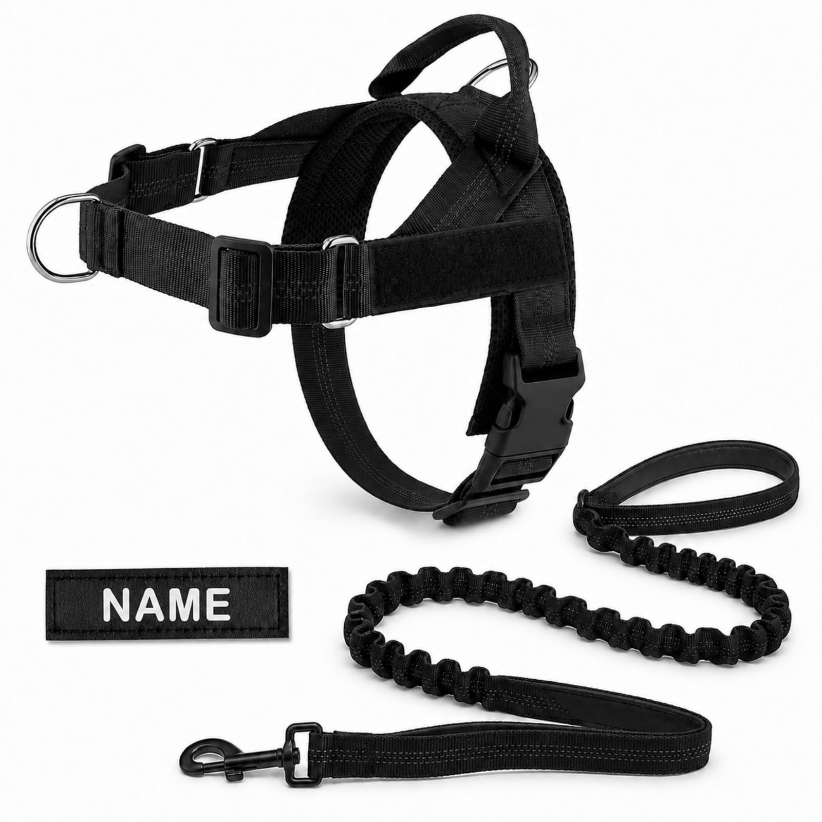 No Pull Dog Harness and Lead Set, Adjustable Padded Walking Vest with Bungee Dog Lead, Personalised Name Patch, Front & Back D-Rings, Reflective Harness for Small Medium Large Dogs