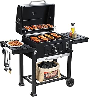 Churrasqueiras Barbacoa de carbón XXL con tapa y termómetro, carro de barbacoa con