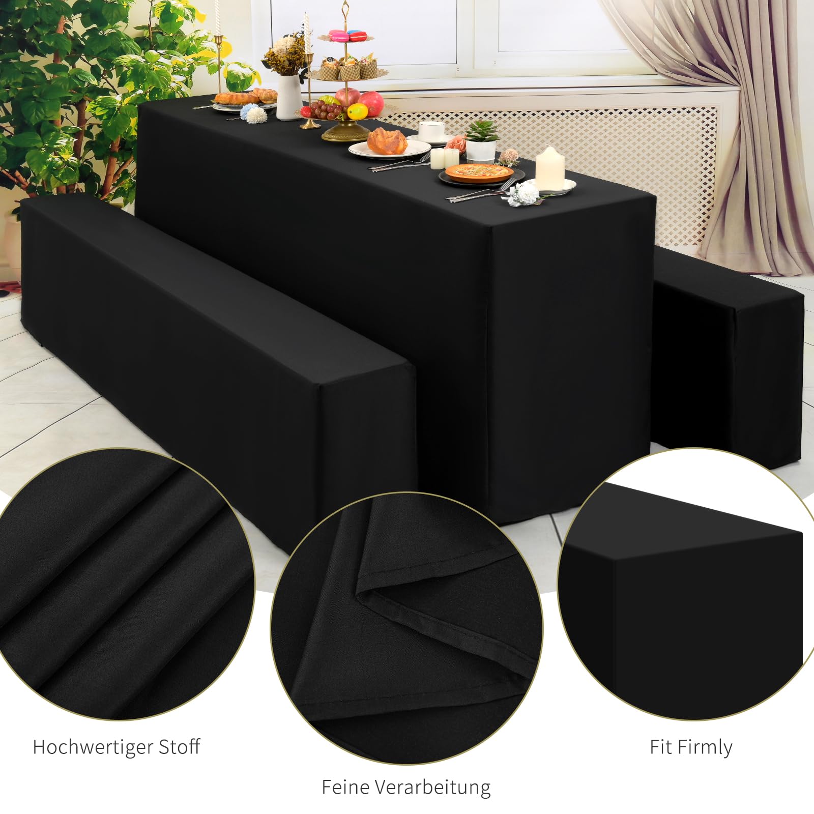 YMHPRIDE 3er-Set Schwarz Biertischhussen Bierbankhusse und Tischdecken, 50 cm Tischbreite,Wasserdicht Bierzeltgarnituren 220 x 50 x 70 cm für Gartenbankett-Gartenmöbel.（3-teiliges Set）