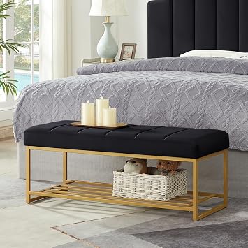 24KF Black Velvet Upholstered End of Bed Bench with Metal Shelf, Modern Tufted Channel Entryway Bench Footboard Bench for Living Room, Bedroom, Gold Bench,5036-Black