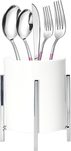 Miniatura 1 de Soporte de cubiertos resistente para fiestas, taza de cerámica blanca con soporte de metal plateado, recipiente redondo para utensilios para