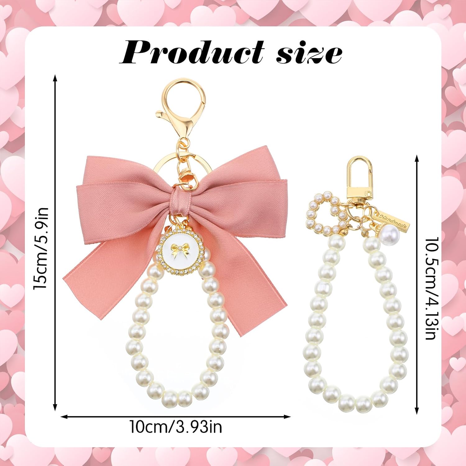 2Pcs Pink Bow Key Chain, Pearl Keychain Wristlet, Bow Charm for Purse, Cute Bag Charms Bows, Love Charm, Suitable for Handbags, Wallets, Pink - Image 2