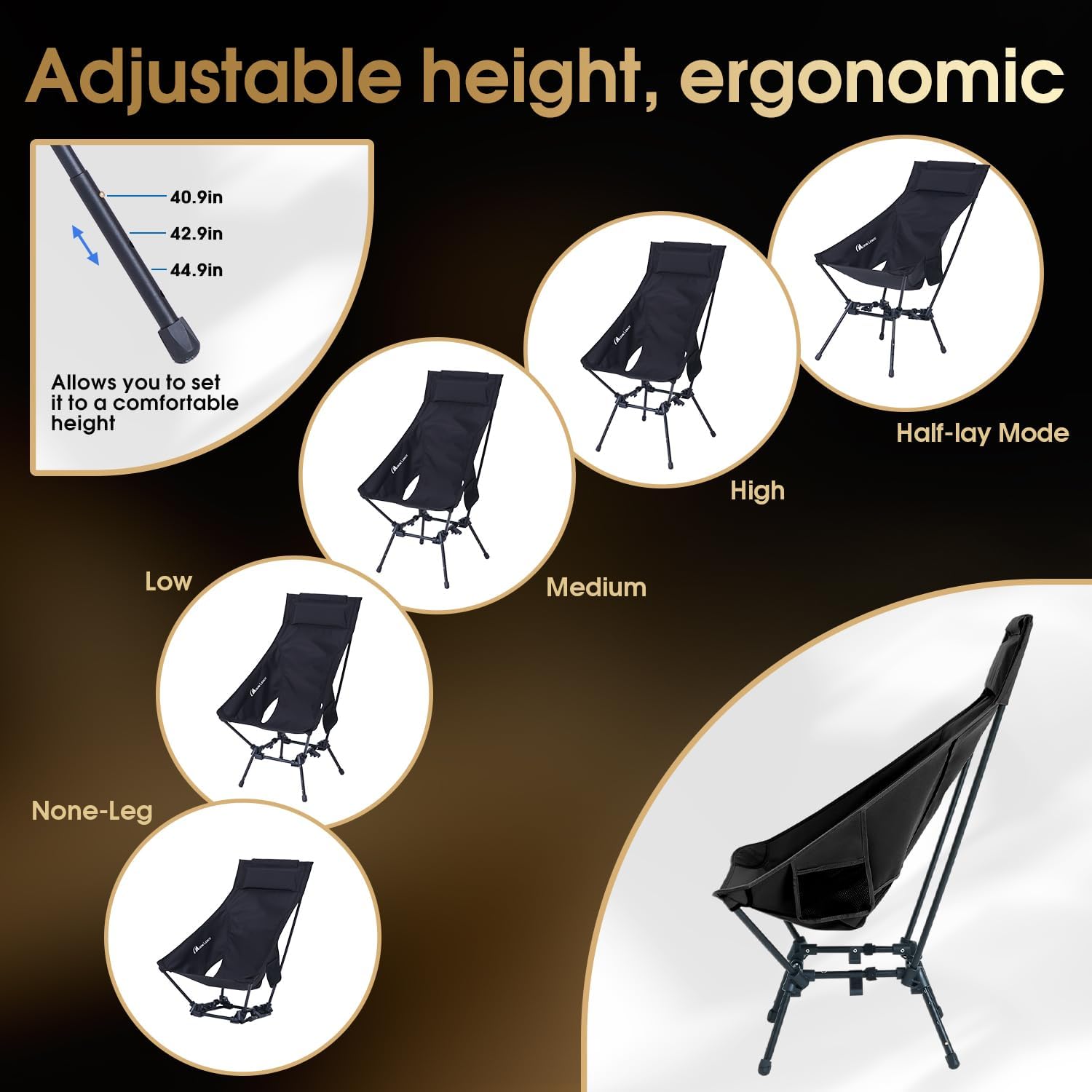 MOON LENCE Portable Camping Chairs for Adults, Adjustable Oversize Beach Chair Lawn Chair with High Back - Large Capacity, Heavy Duty (New Black) - Image 6