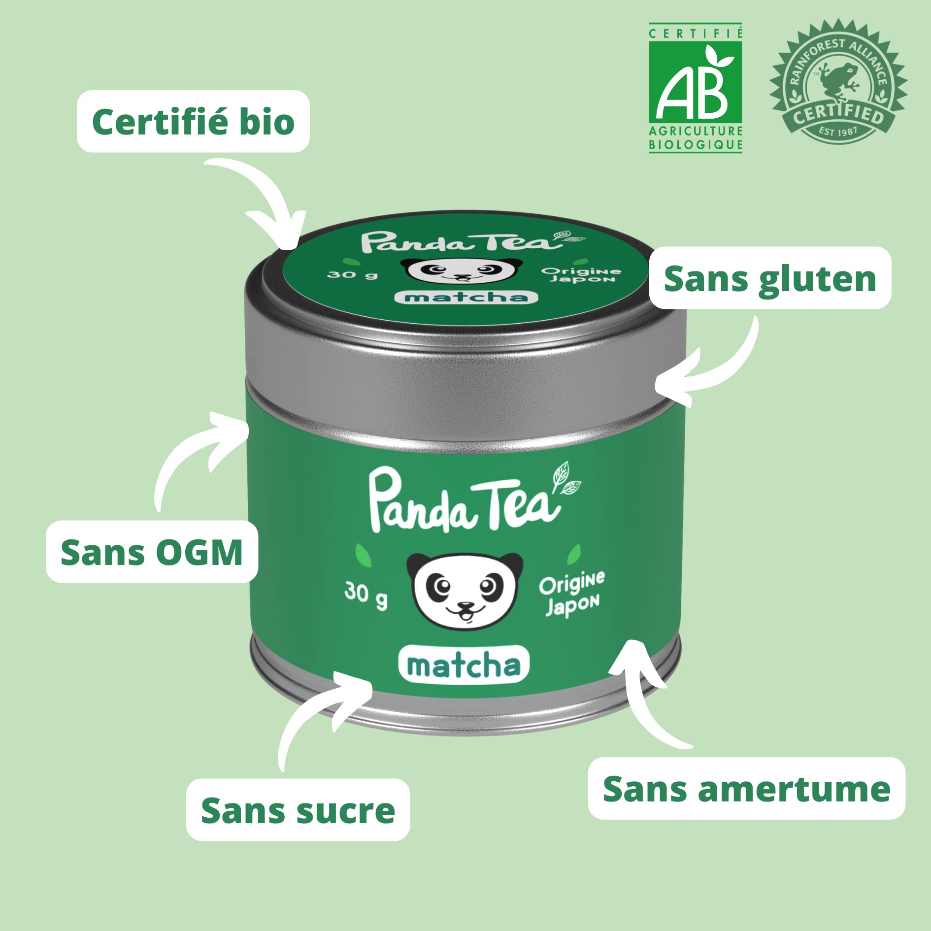 Panda Tea Thé Matcha Cérémonie Bio D'Origine Japonaise | Poudre de Thé Vert 30g | Idéale Pour La Cérémonie Du Thé