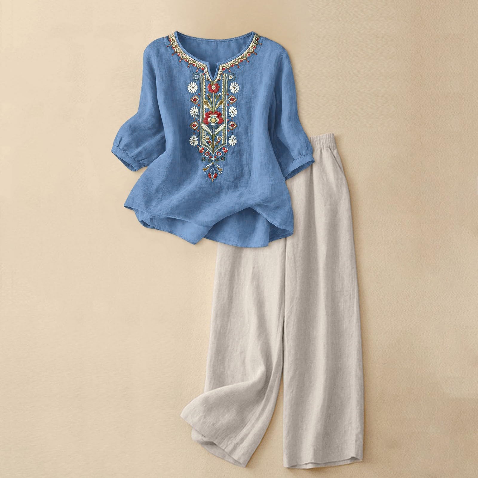 Zweiteiler Damen Elegant Baumwoll Leinen Freizeitanzug Musselin Hemd Weite Leinenhose Sommer Leinenanzug Hausanzug Freizeit Schlafanzug Hosenanzug,Summer Outfits For Women,Urlaub Leicht Loungewear