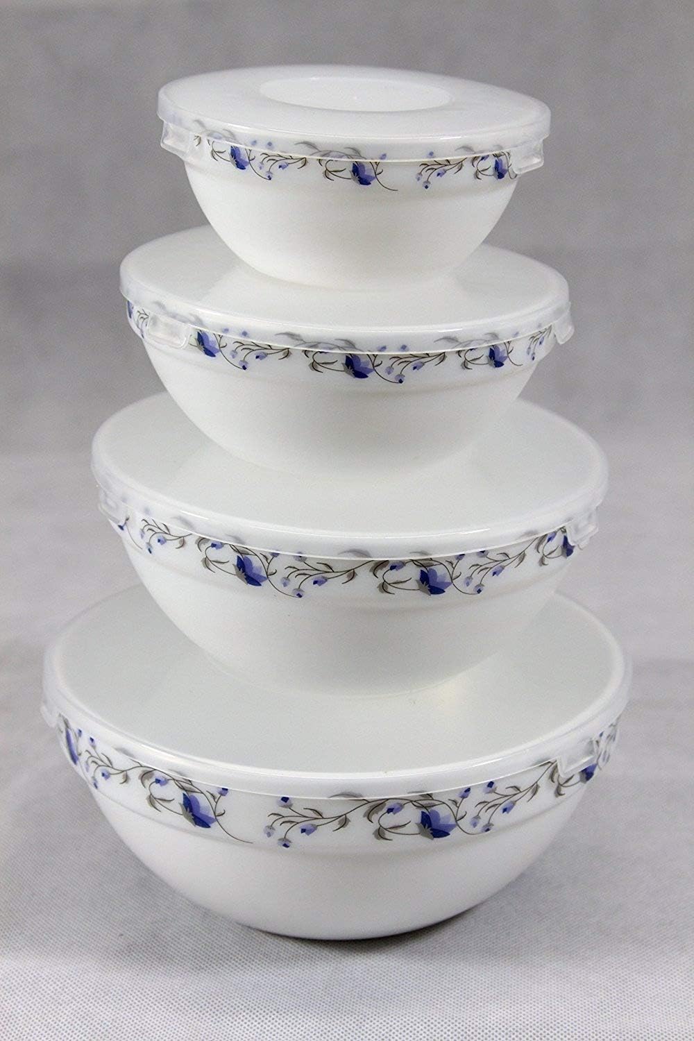 Occasion Set of 4 Round Glass(Opal Glassware) Stack-able Bowls with Lids - Microwave Safe - Heat Resistant - Dishwasher Safe 4.2"/5"/6" & 7" (Blue Flower)