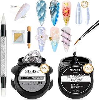 MIZHSE Solid Builder Gel, 3D Sculpture Gel All-in-1 Kit for 3D Gel Nail Art | Builder Gel Kit, All-in-1 Modeling Gel, Nail Extension, Rhinestone, Chrome Powder for Nails