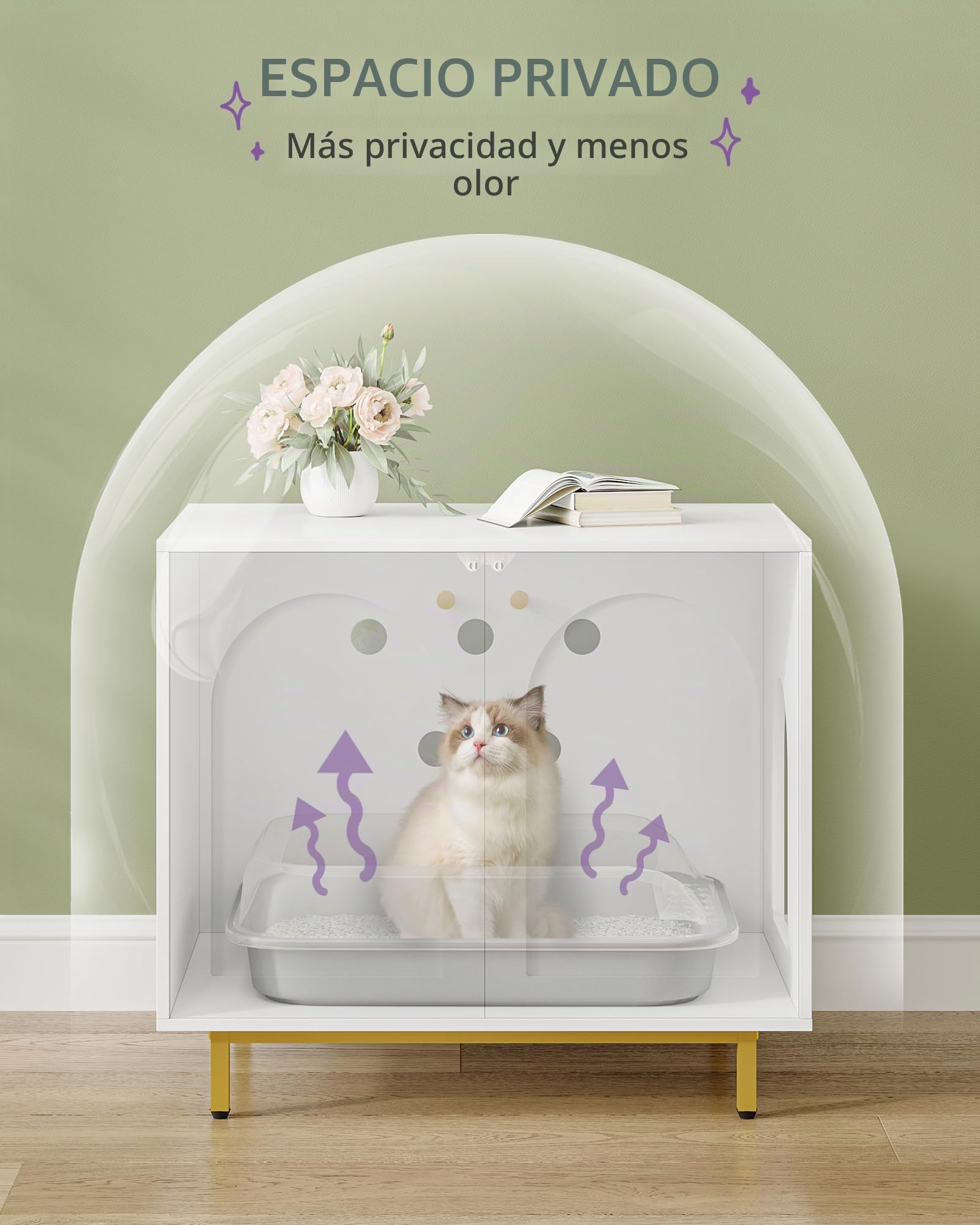 Hzuaneri Caja de Arena para Gatos, Muebles de Caja de Arena, Mesa Auxiliar para Casa de Mascotas, Banco de Gabinete de Almacenamiento, se Adapta a la Mayoría de Gatos, Blanco y Dorado CB85003G