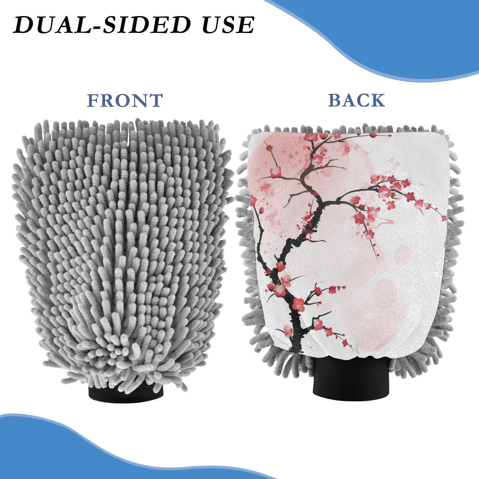ALAZA Red Cherry Blossom Flower Floral 1 Car Wash Mitt Scratch Free, 2 Pack Absorbent Microfiber/Chenille Washing & Drying Mitts, L