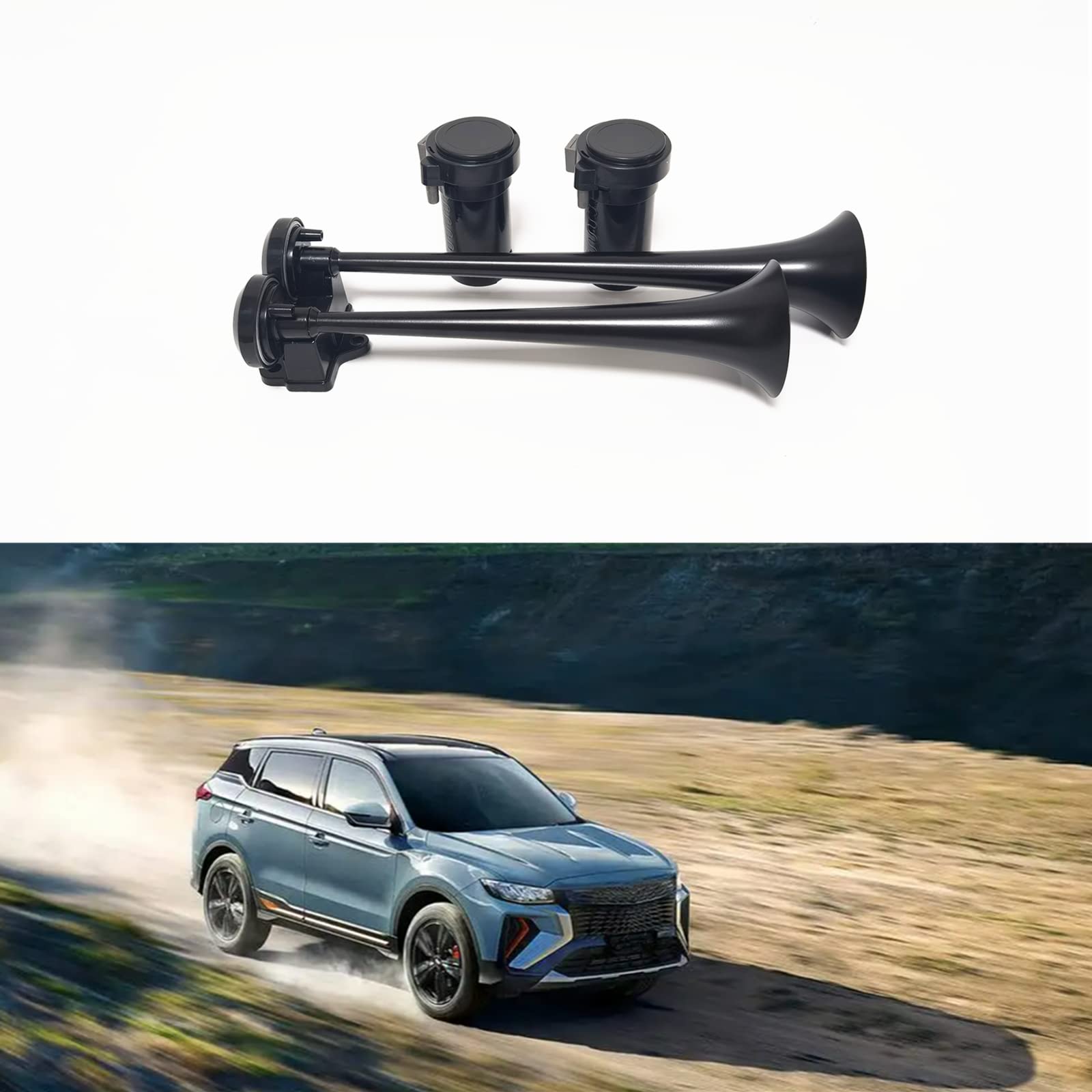 Autohupe Car Horn Lufthorn 12V Air Horn12V Schiffshupe mit hohem und niedrigem Ton 170db Drucklufthorn Schwarze LKW-Hupe Autolautsprecher mit Luftpumpe Trompete für 12V Wagen LKW Schiff etc