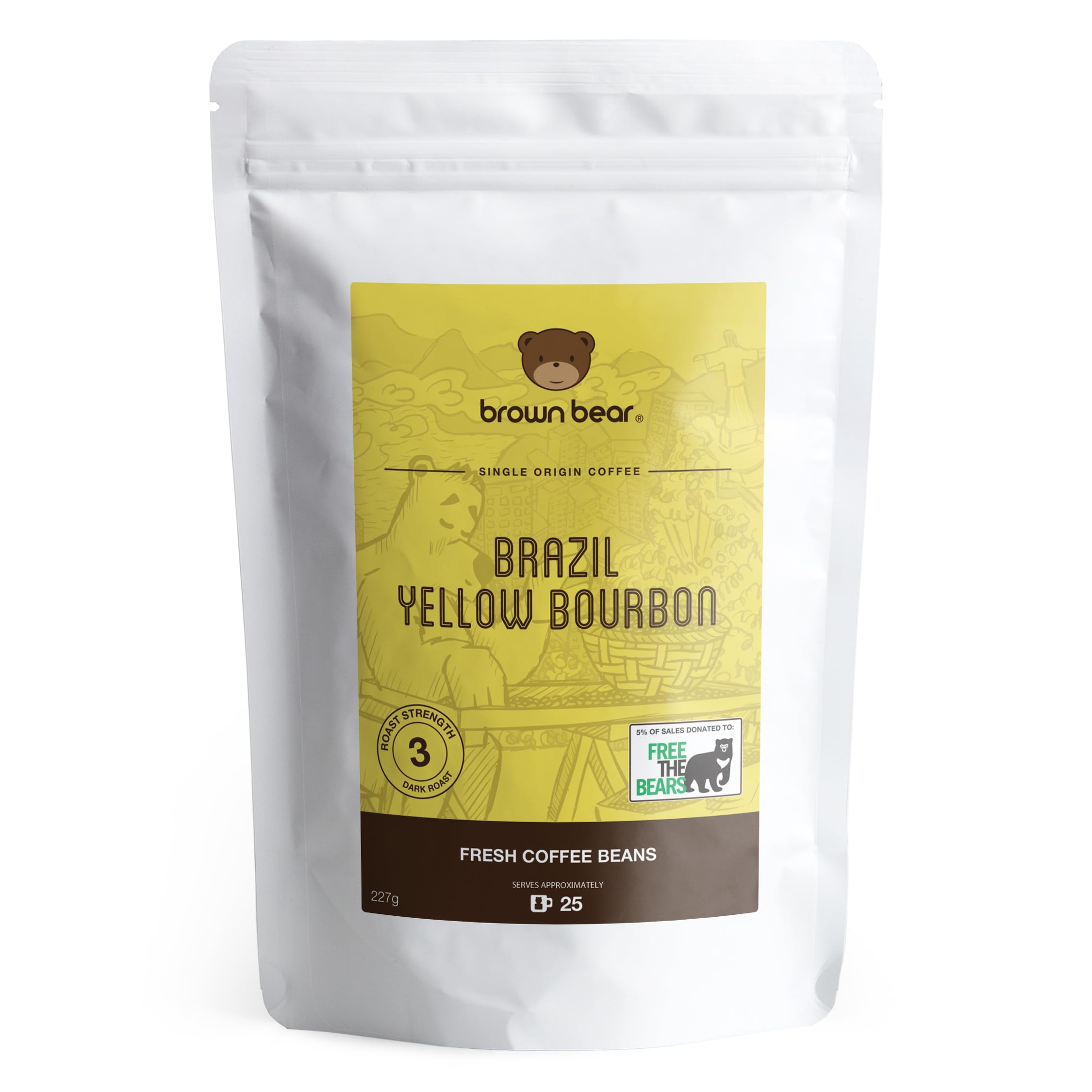 Brazilian Beans 227g - Brazil Yellow Bourbon Speciality Coffee - Medium Roast - Brown Bear - For All Coffee Machines - Strength 3