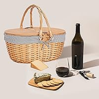 Vista 3 de Cesta de picnic de mimbre con forro, cesta de picnic de madera con tapa dividida, canasta de picnic de estilo vintage con asa tejida plegable