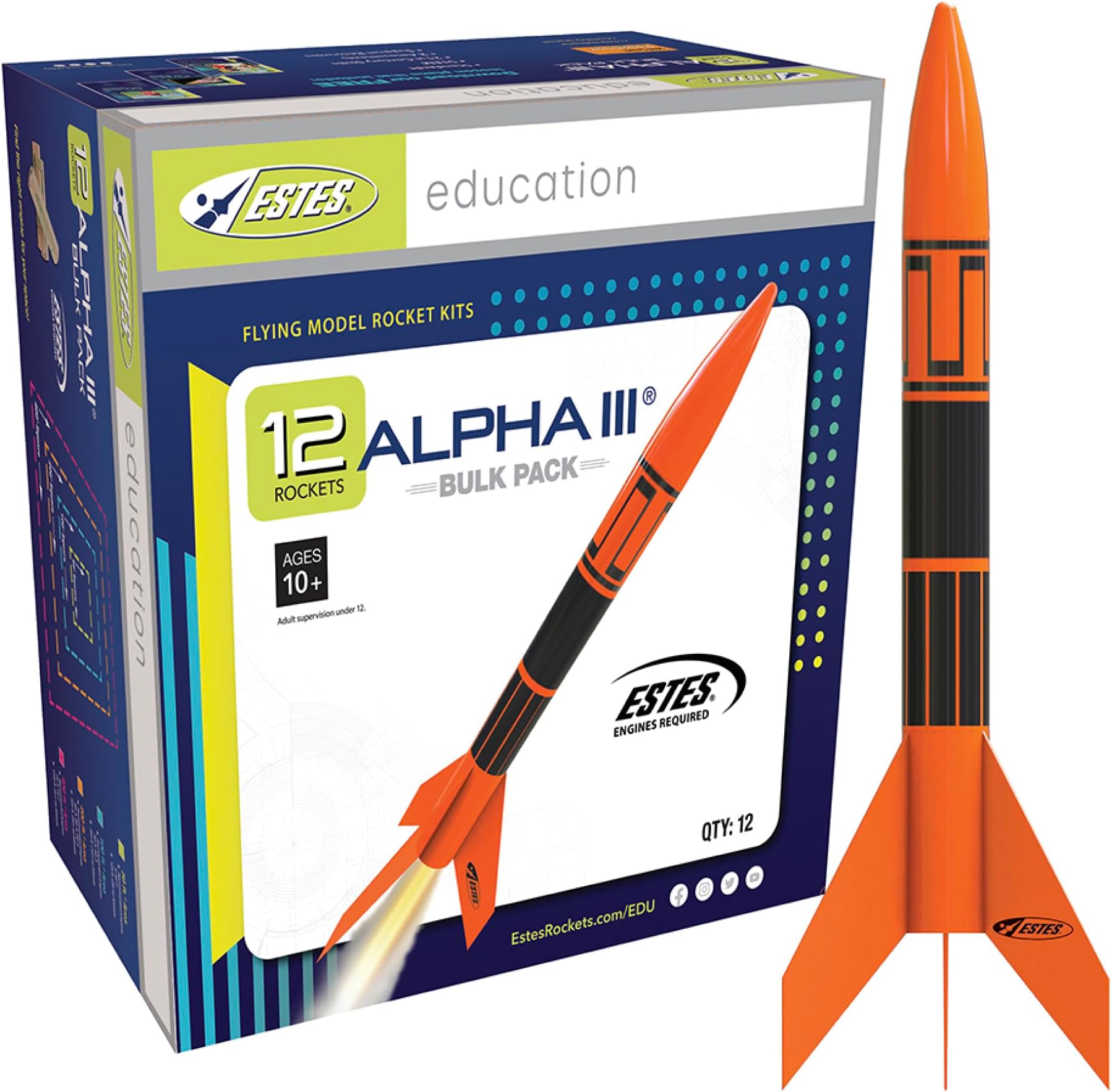 1751 Bulk Pack of 12 Alpha III Rocket-Building Kits, Beginner Flying-Rocket-Model Kits for Ages 10+