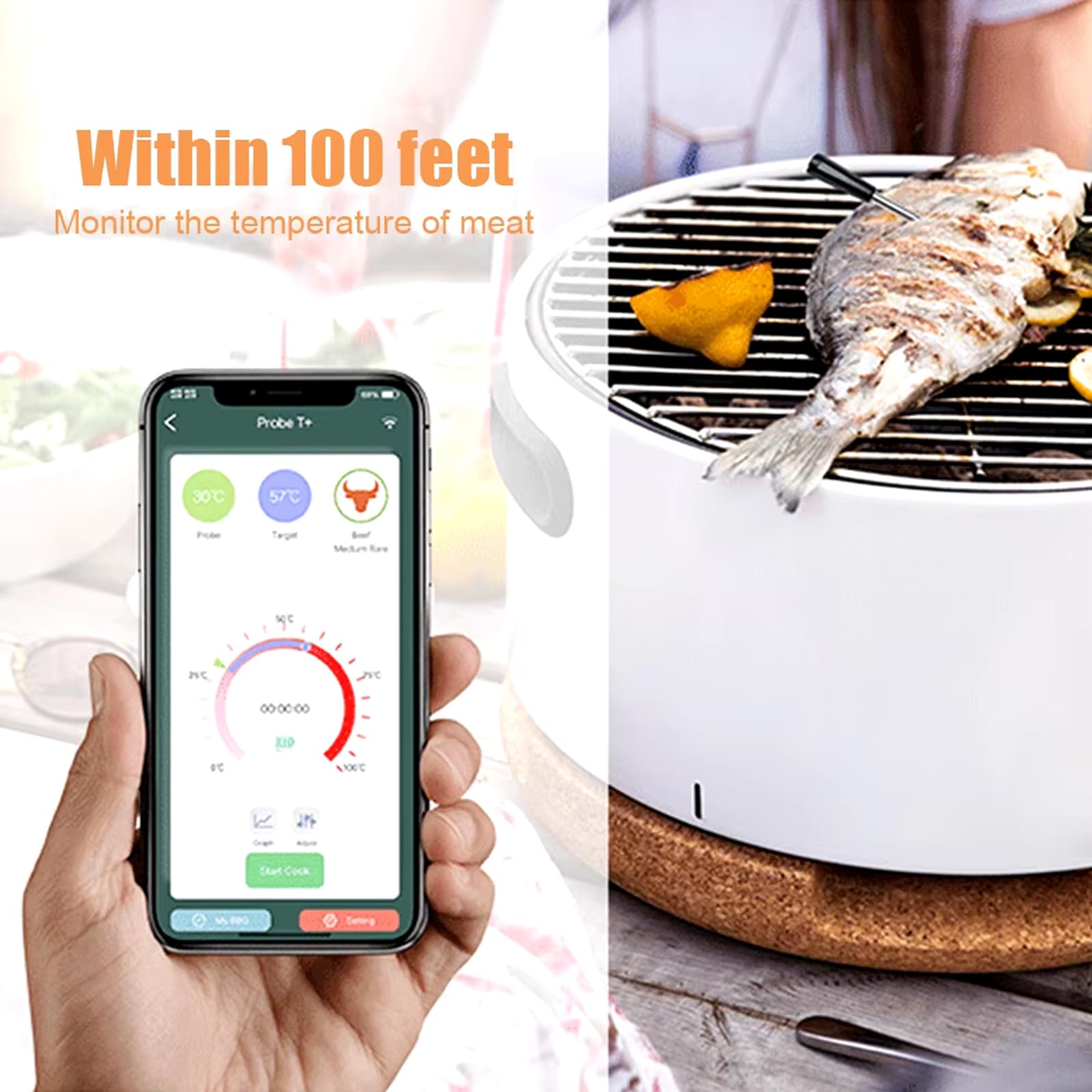 Termómetro de carne inalámbrico inteligente, termómetro de carne Bluetooth de alcance de 100 pies con aplicación gratuita e IPX7 resistente al agua, sonda dura 16 horas, termómetro de alimentos