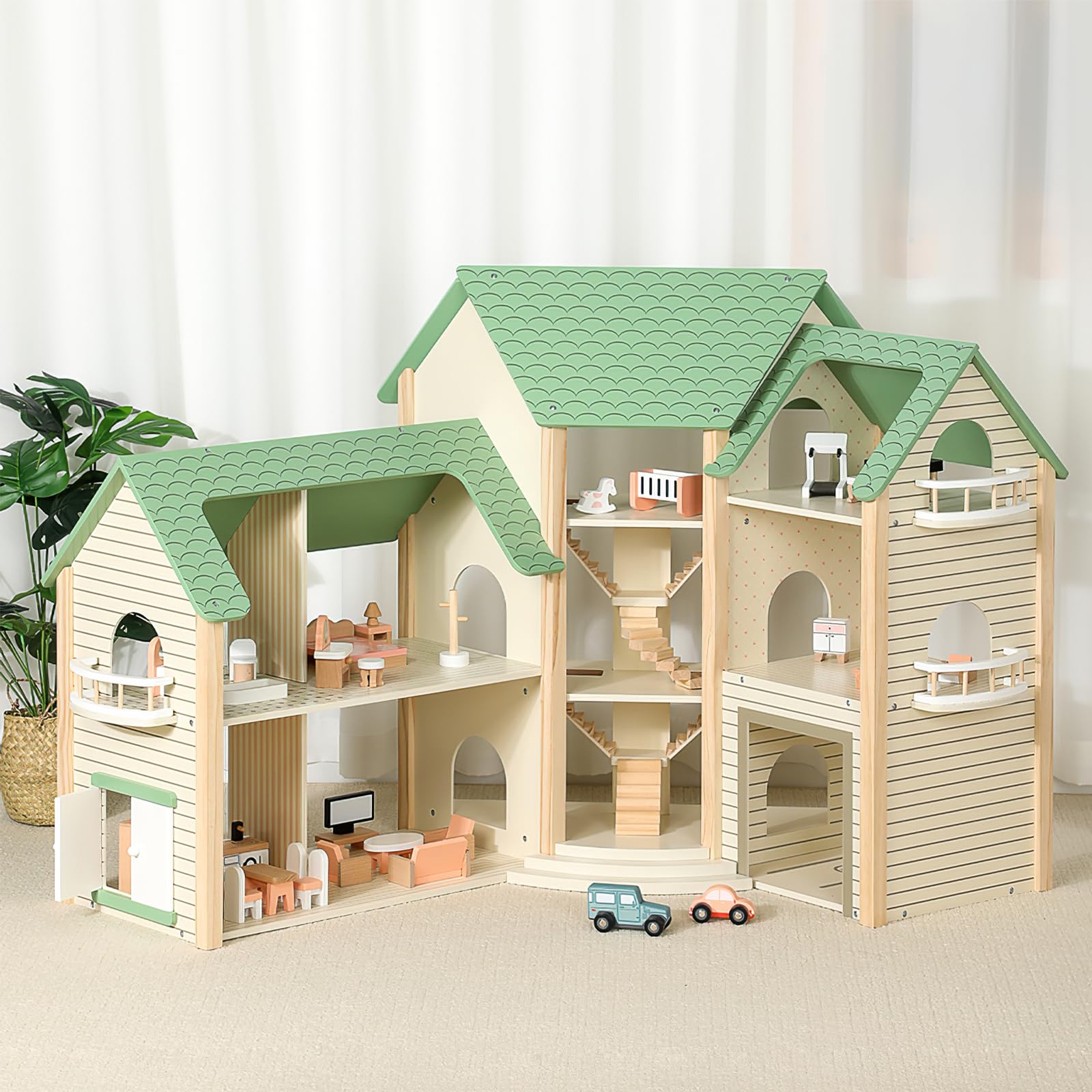 HOMASIS Casa delle Bambole in Legno per Bambini con Scale e Balconi Integrati, Casa delle Bambole d'Angolo con Tetto Verde 36 Mobili e Accessori, Casa da Gioco per Bambini 3+ Anni