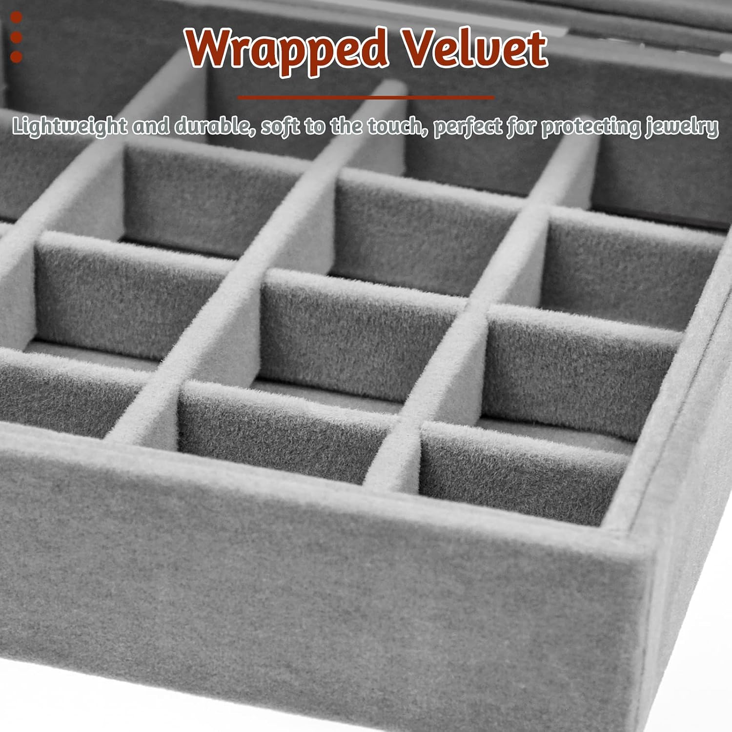 LTHERMELK 24 Grids Velvet Glass Jewellery Ring Display Organiser Box Grey Velvet Jewellery Box Adjustable Storage Grids With Glass Lid for Ring Earring Necklace Bracelets - Image 4