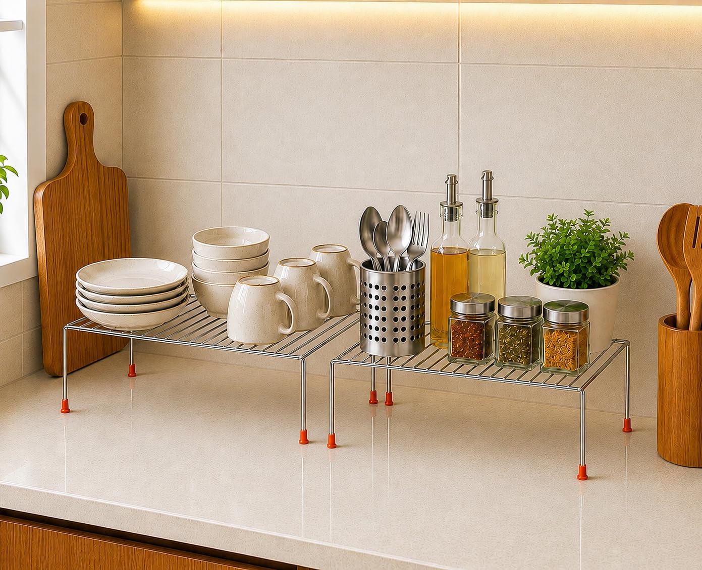 NH10 DESIGNS Stainless Steel Kitchen Dish Rack Expandable Storage Shelves for Kitchen Cabinets Multipurpose Organizer Extend Up to 580 mm with Anti-Ru...