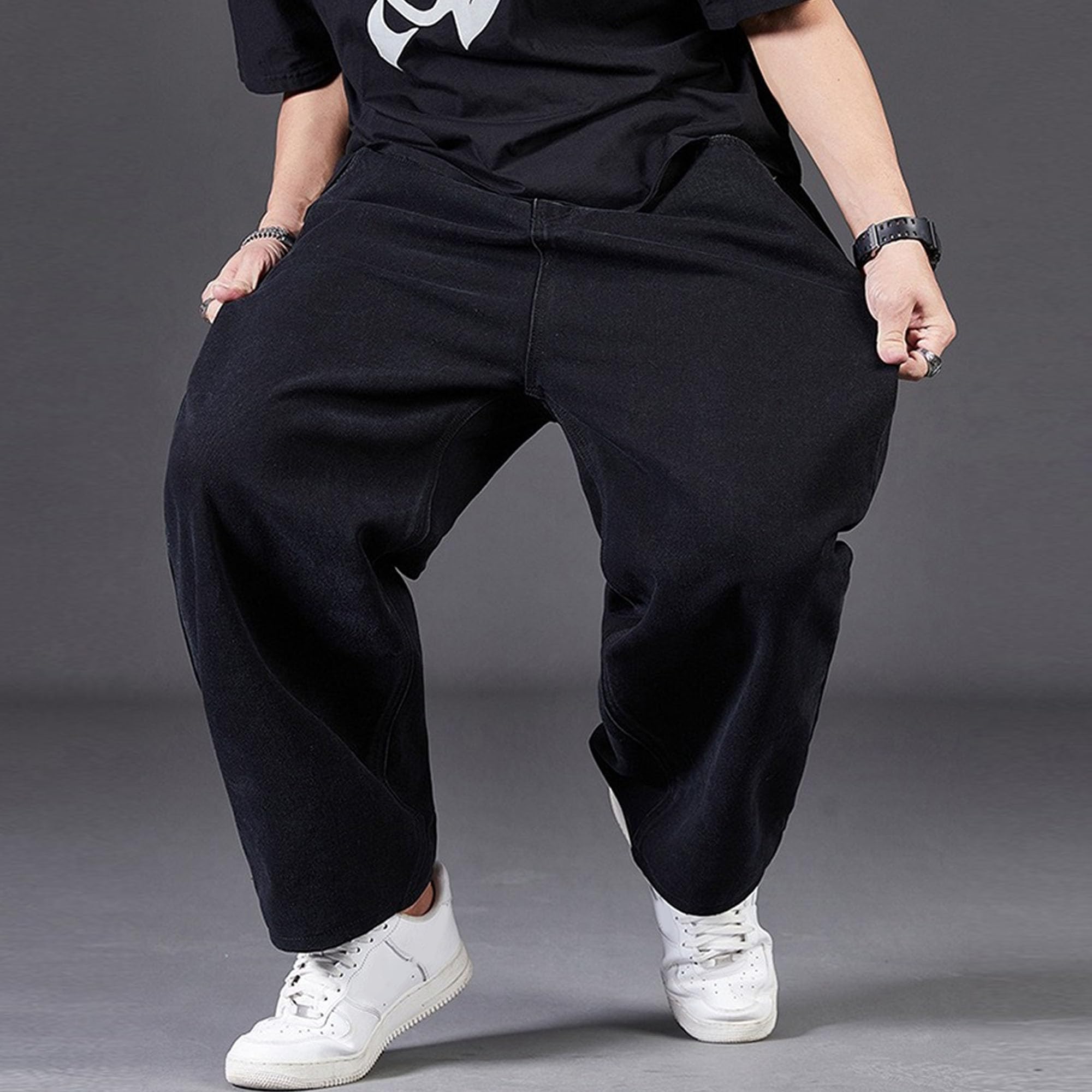 Men's Casual Biker Baggy Denim Pants Hip Hop Straight Cowboy Trousers Y2k Skater Vintage Loose Jeans (Black,44)