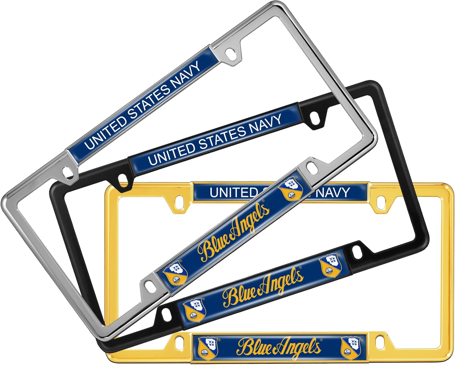 [Officially Licensed Product] - U.S. Navy Blue Angels Flight Demonstration Squadron-Domed Custom-Made Personalized Thin Top 4 Hole Metal Car License Plate Frame with Free caps -Chrome (Qty: 1 Frame)