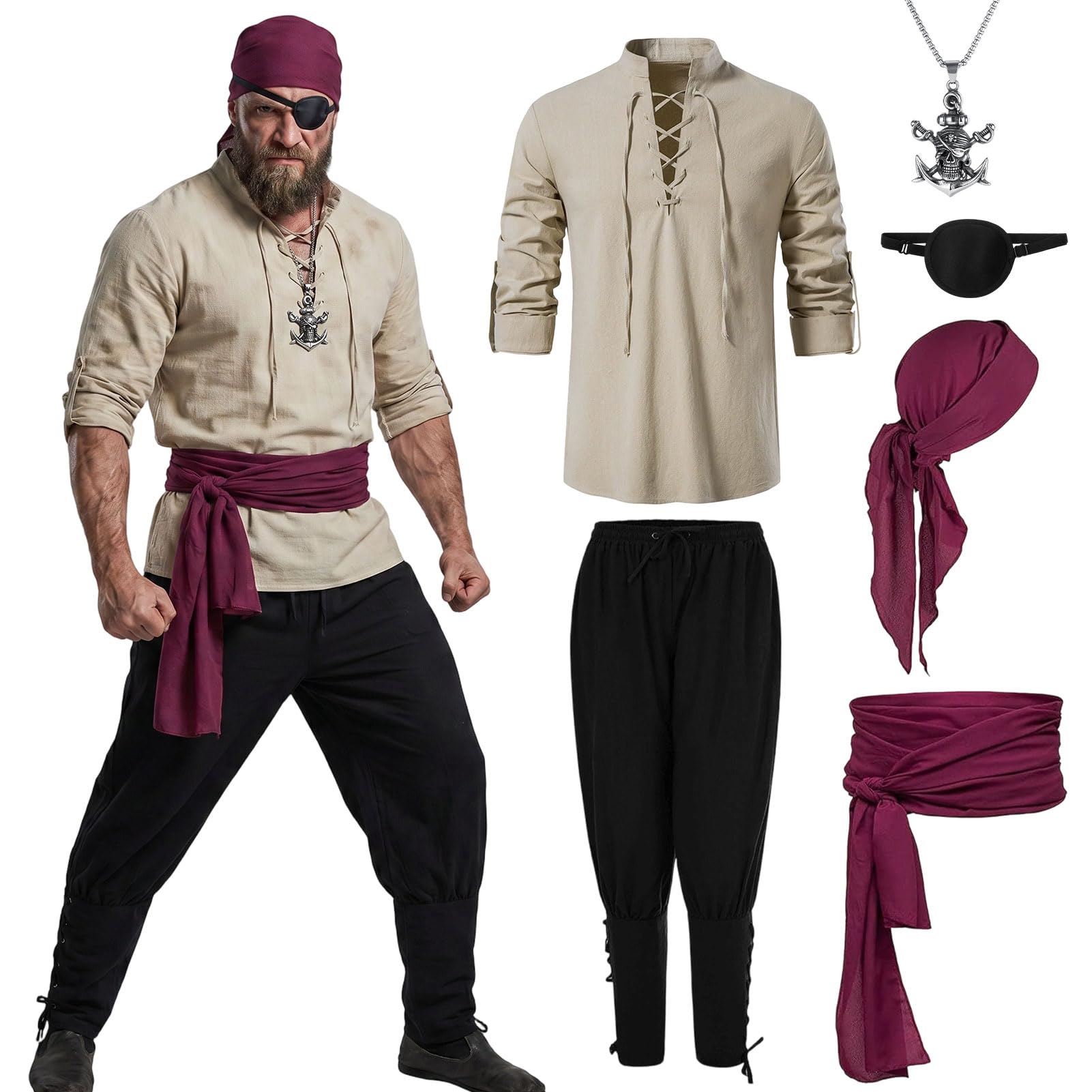 Costume de pirate pour homme avec chemise médiévale, pantalon, accessoires de pirate, costume de pirate pour homme, pour Halloween, carnaval, cosplay, fêtes