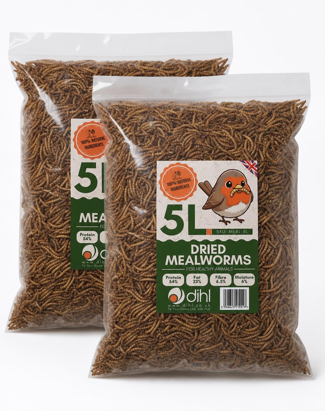 Dihl 10L Premium Dried Mealworms for Birds and Reptiles, Unflavoured, All Life Stages, High Protein Growth and Repair Feed with Mealworms, 2x 5 Litre Bags