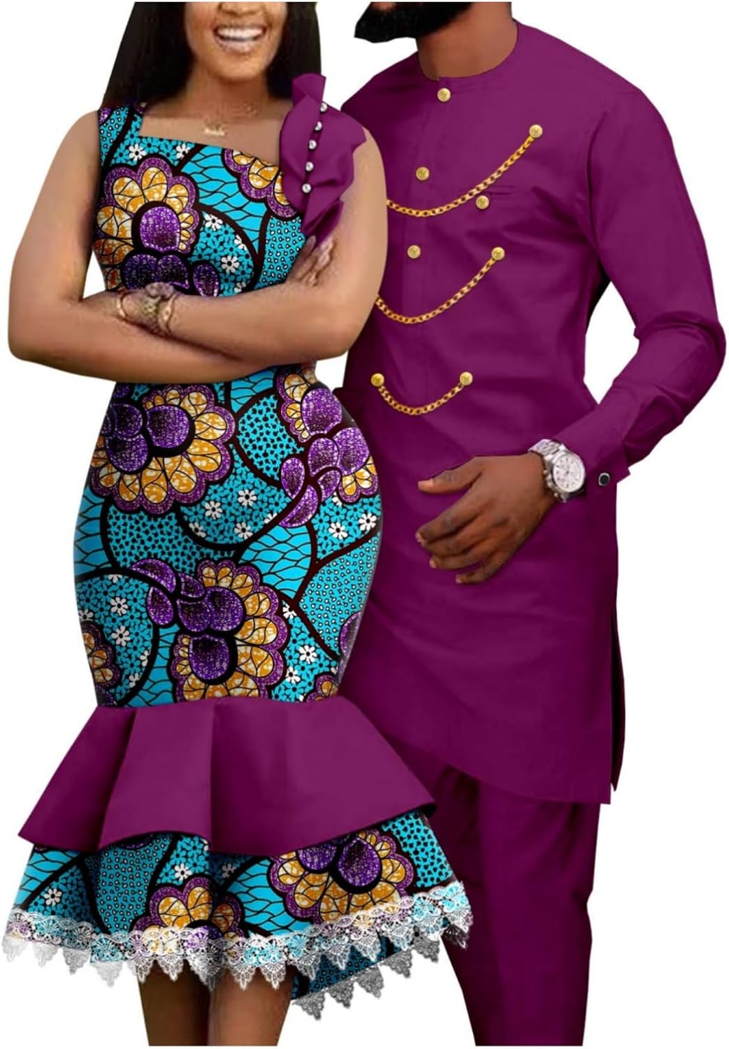 African Slim Print Lace Pearl Dresses for Women Matching Couple Outfits Men Clothes Chain Top and Pant Sets
