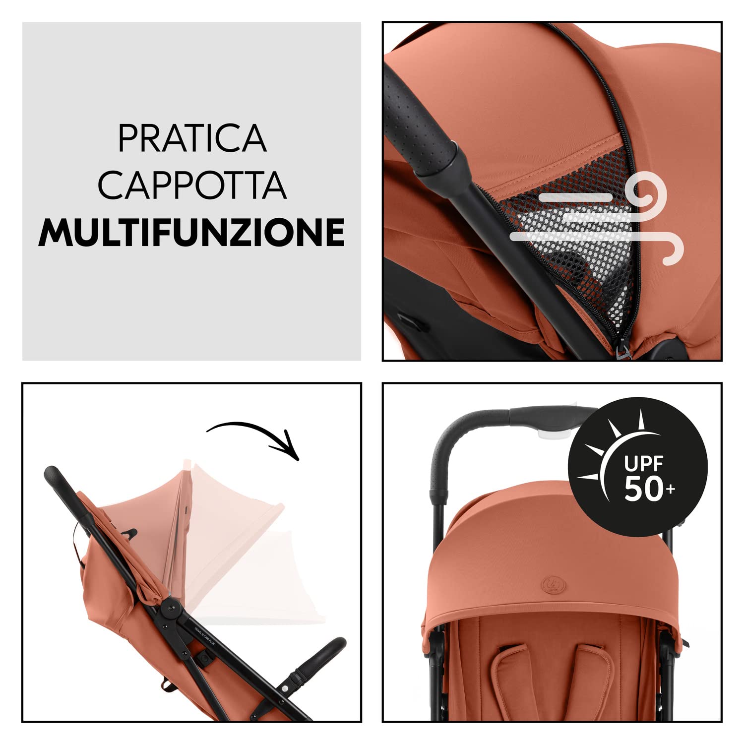 hauck Travel N Care Plus, Arancione - Passeggino da Viaggio Leggero dalla Nascita fino a 22 kg - Tessuti Stretch e Cuscino - Reclinabile, Compatto e Richiudibile - Cappottina UPF 50+ Finestre in Rete