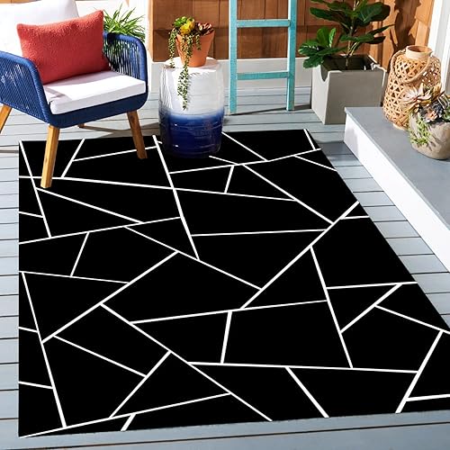 Alfombra grande para interiores y exteriores, para terraza, balcón, porche, camping, antideslizante, lavable, moderna, 4 x 6 pies, diseño geométrico disponible en Yaxa Peru