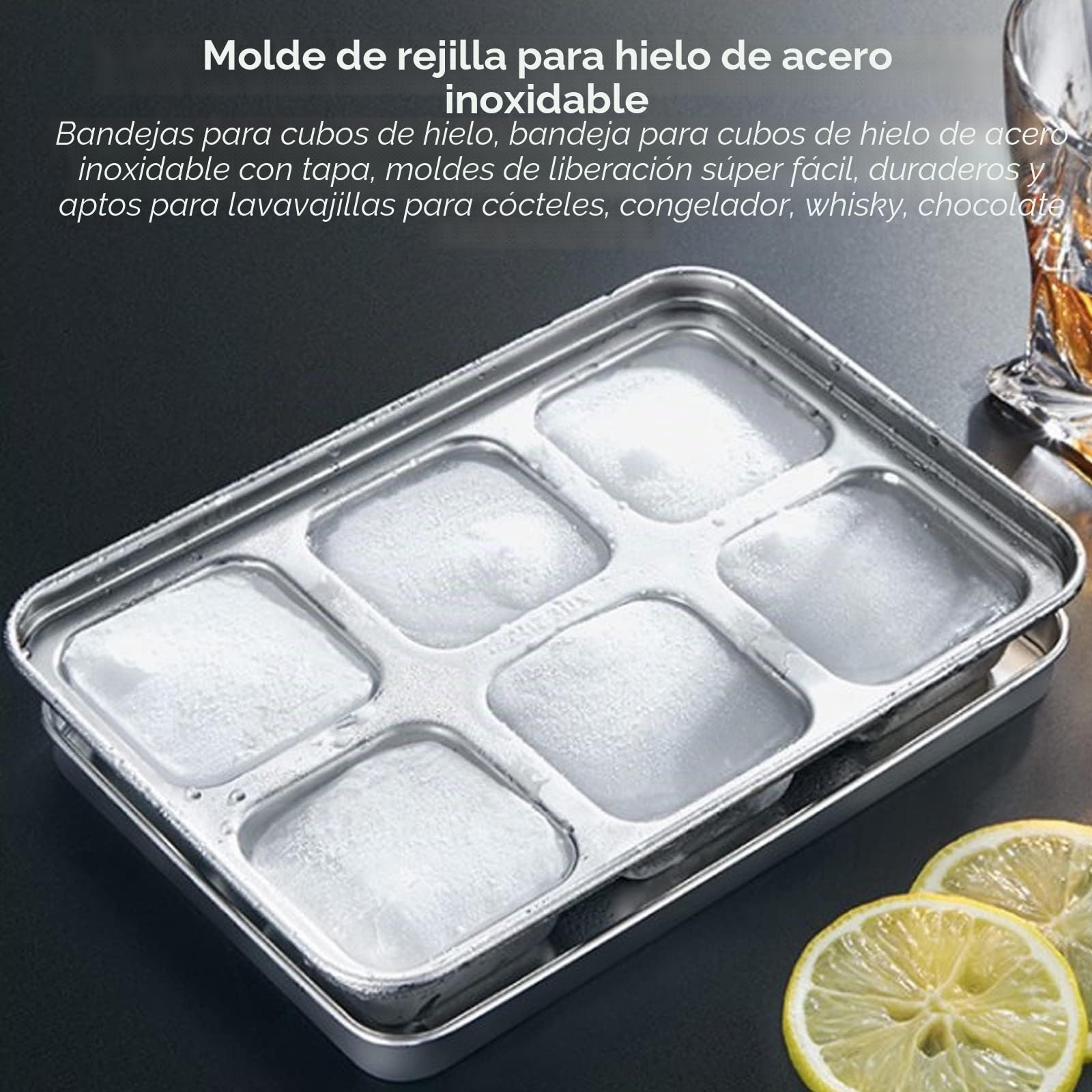 2PCS Cubitera de hielo, recipiente para cubitos de hielo, piedras de whisky, recipiente para cubitos de hielo de acero inoxidable con tapa, moldes para cócteles, congelador, whisky