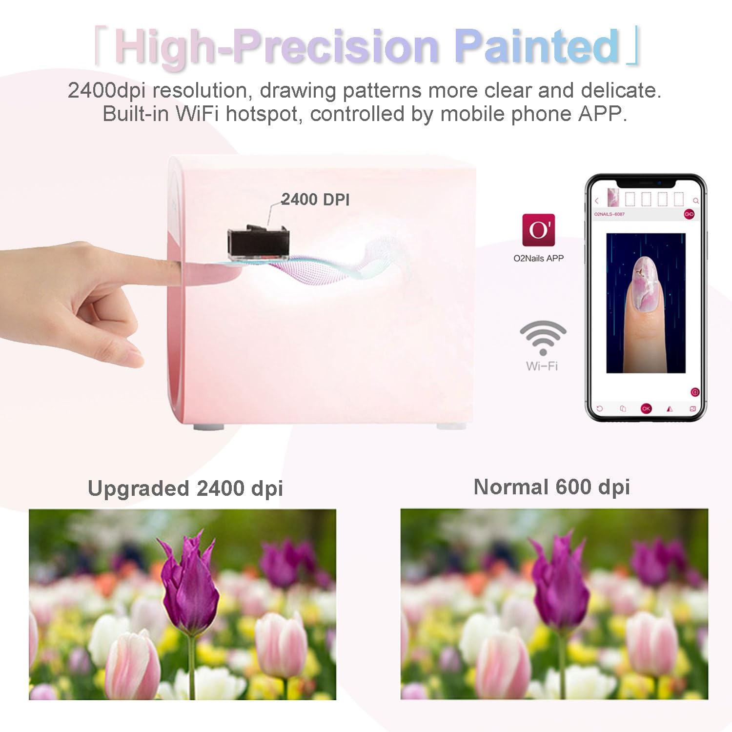Imprimante Nail Art avec Plus De 1000 Motifs, Connexion WiFi, Contrôle par APP, Motifs 2400 Dpi, Kit Complet De Nail Art DIY pour Femmes, Salons Et Usage Domestique,Pink