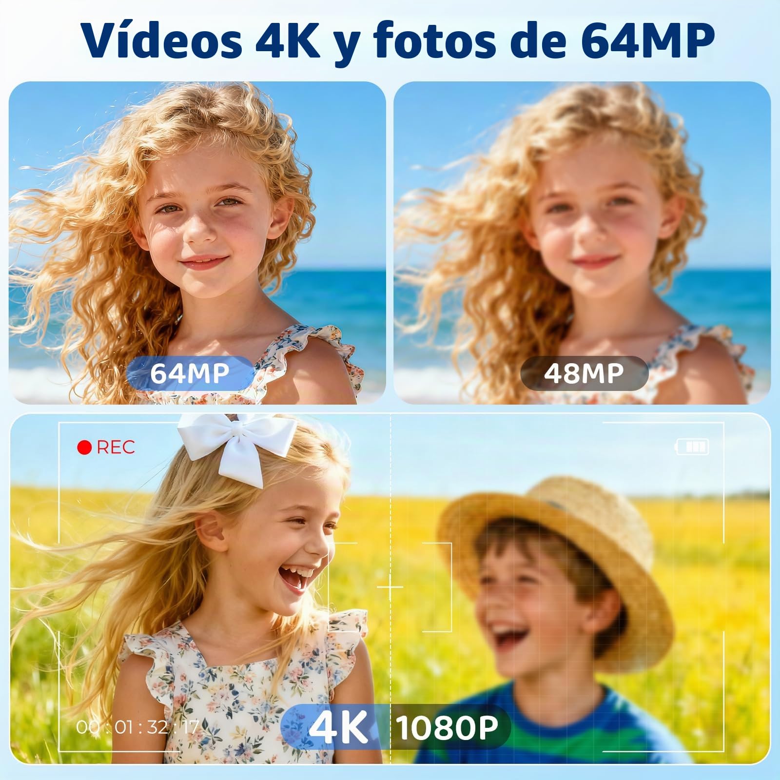 Cámara digital 4K 64MP FHD cámara fotográfica para niños, zoom digital de 18 x cámara compacta con pantalla de 2,4 pulgadas, antivibración, flash LED, tarjeta SD de 32 GB, cámara de fotos para niños