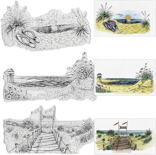 3 sellos transparentes de fondo de playa de mar para hacer tarjetas y decoraciones de álbumes de fotos, Sun Harbor Scenery Sellos de goma