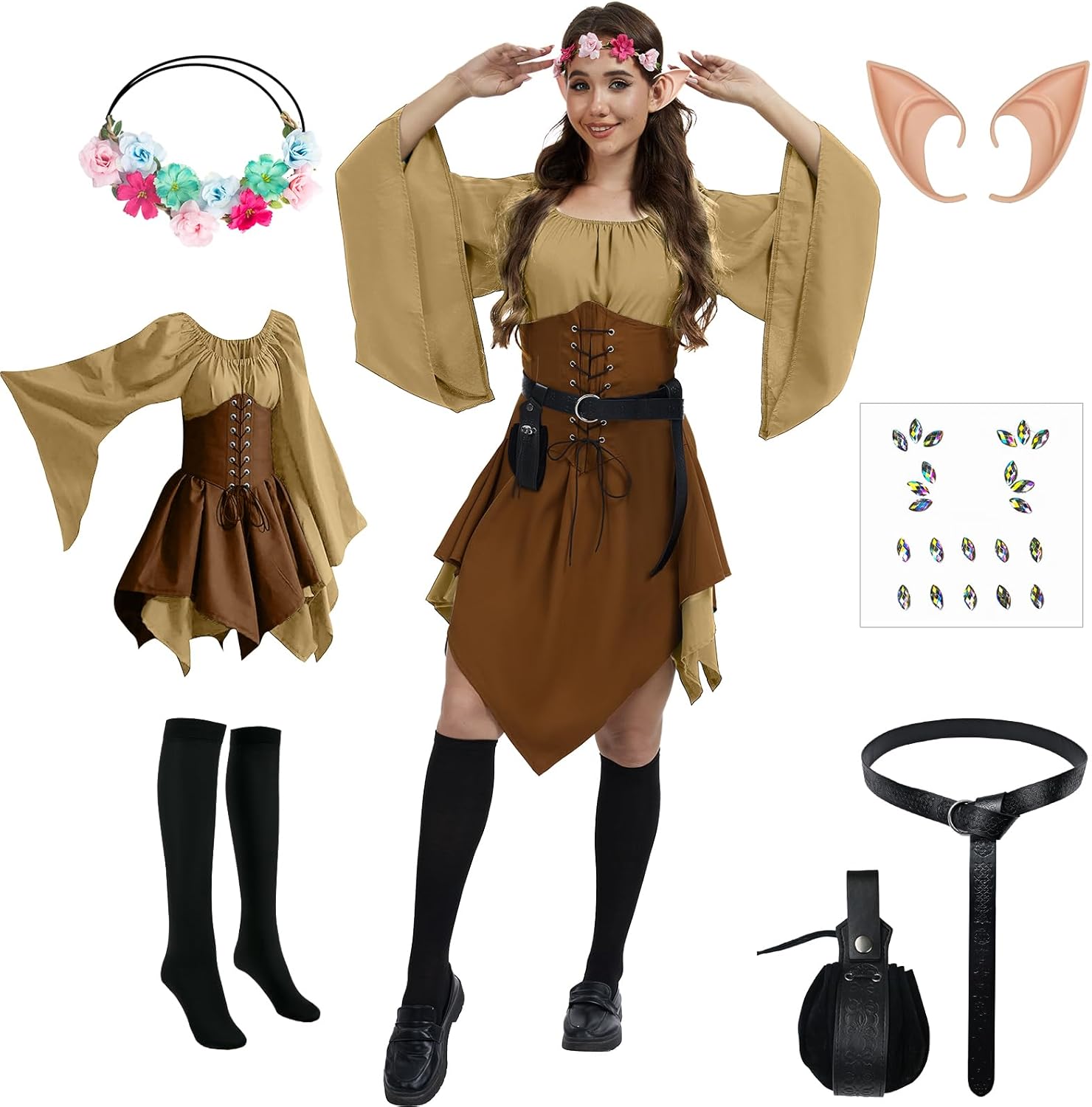 7PCS Women Elf Costume Renaissance Dresses Halloween Medieval Irish Dress Fairy Costume