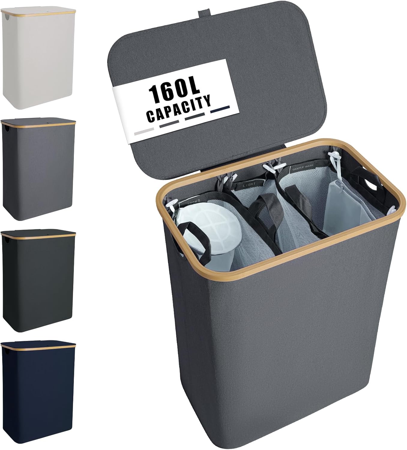 Aufun Wäschekorb 140L Mit Deckel - 3 Fächer Faltbarer Wäschesortierer Für Waschküche