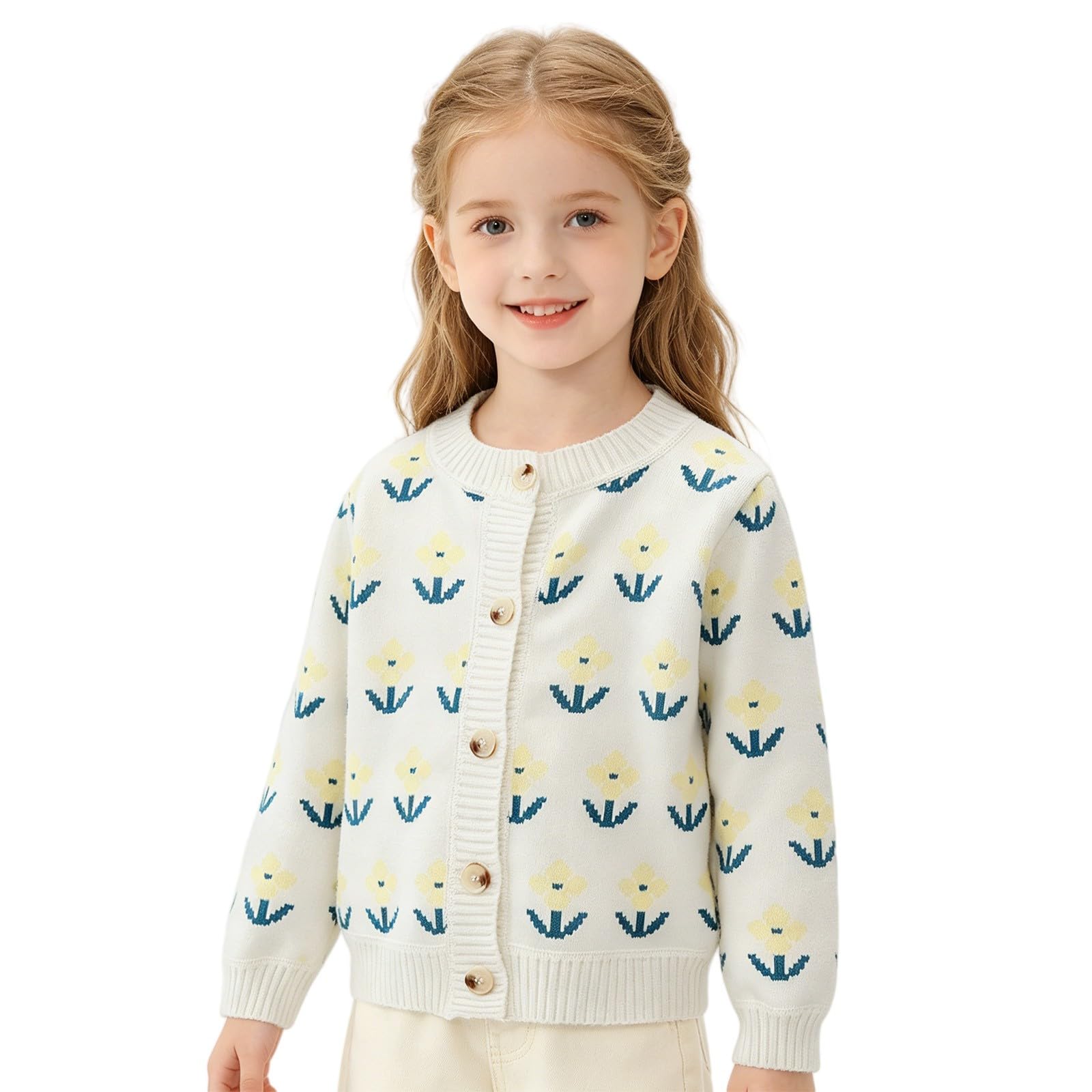 Cárdigan de punto para niña para primavera y otoño, diseño floral | Chaqueta de entretiempo para niña de punto con flores, cálida y ligera para temperaturas cambiantes