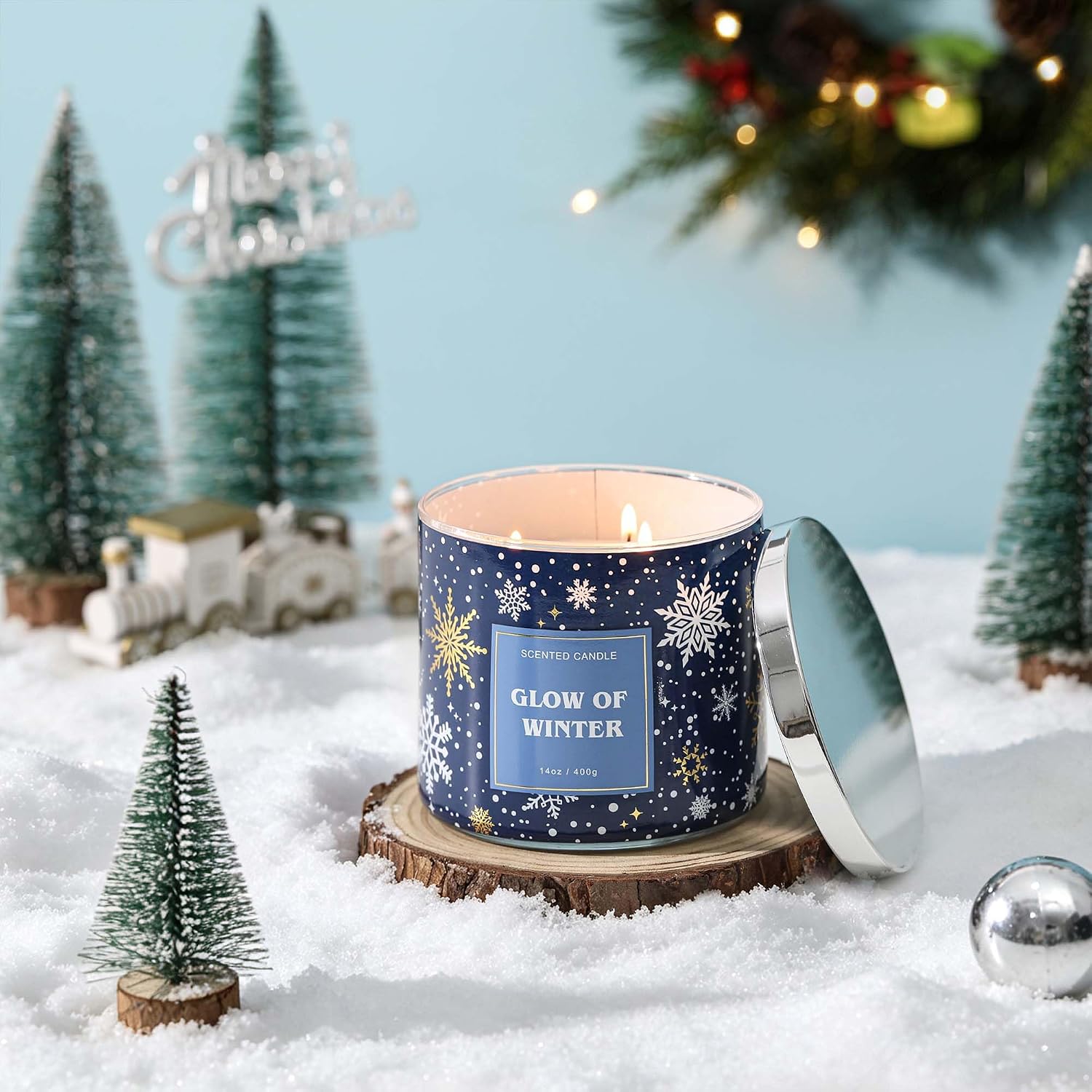 Christmas Snowflakes Candle, Winter Scented Candle, Large 3 Wicks Candle, 14 oz, Christmas Candle Gift (Winter)