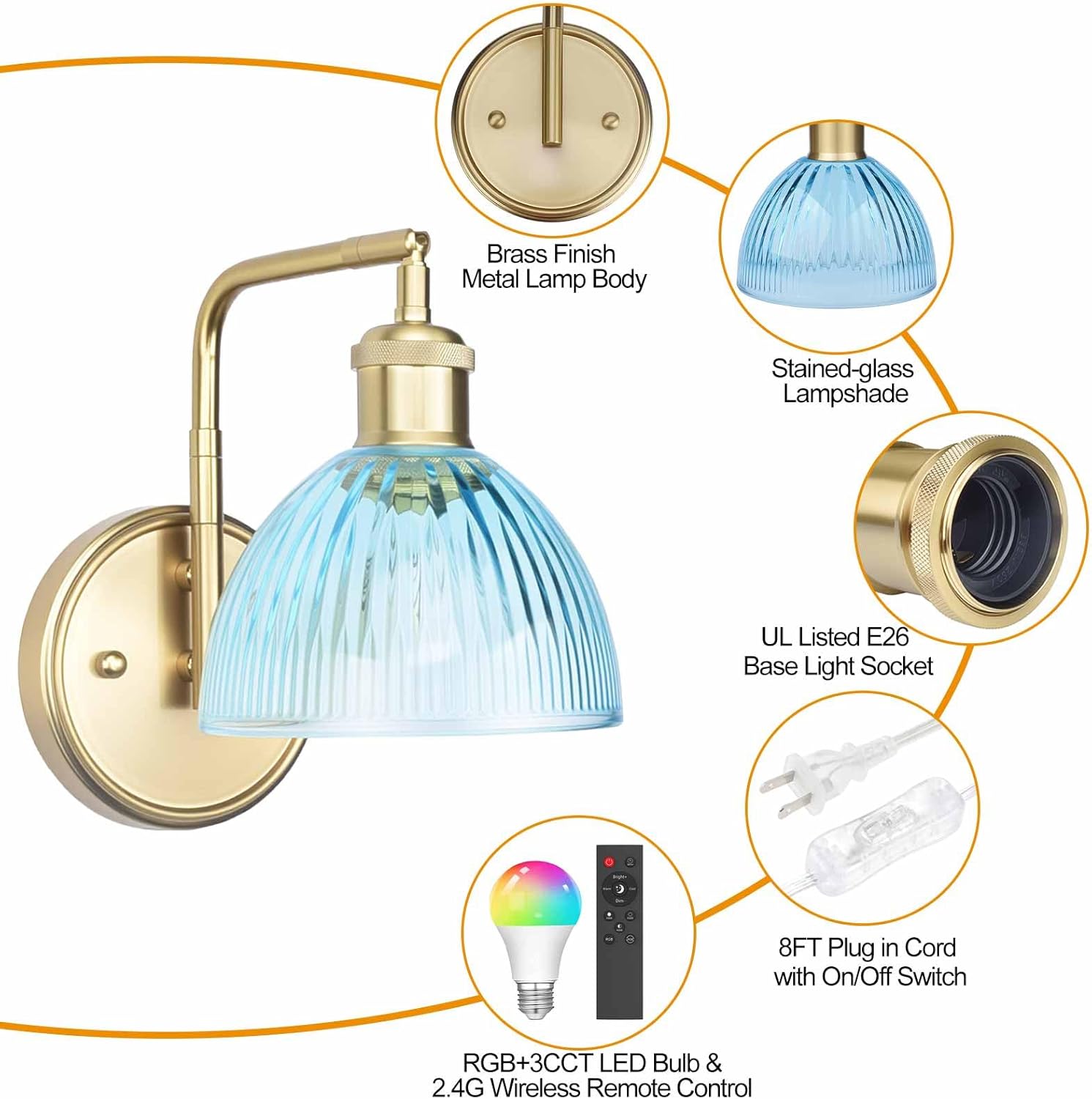 Swing Arm Wall Sconce, Plug in or Hardwired Gold Wall Lamp with Blue Stripe Ribbed Glass Shade, Modern Remote Dimmable RGBW LED Bulb Wall Light Fixture for Living Room Bedroom Bedside Bathroom Hallway