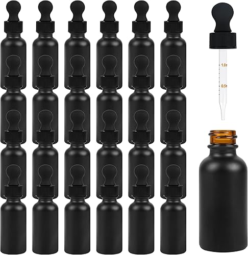 Paquete de 24 botellas con cuentagotas color negro esmerilado, botellas de tintura de vidrio de 1 onza con cuentagotas medido, botellas de viaje a