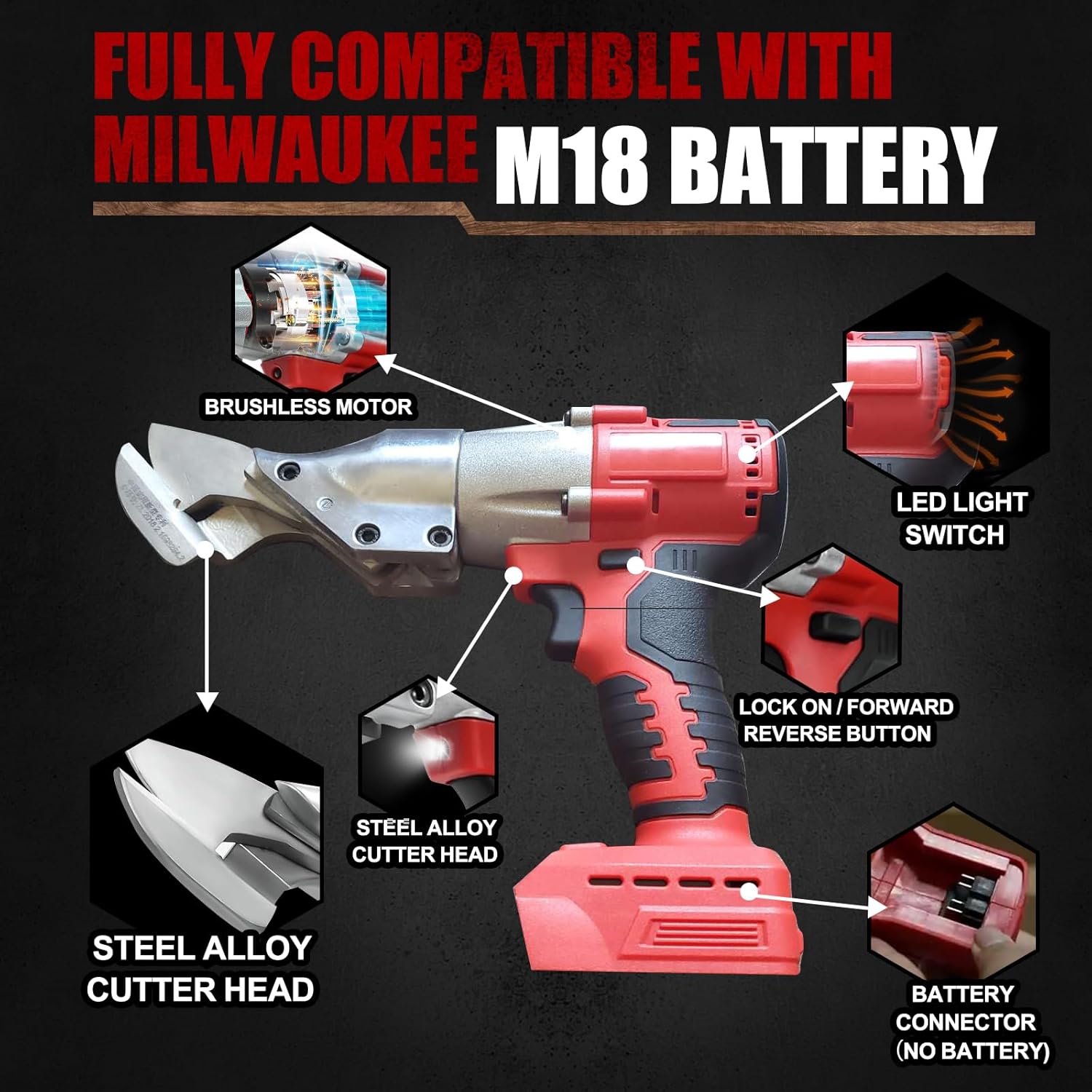 Cordless Metal Shear,Metal Sheet Cutter compatible with Milwaukee M18 Battery,Pivoting Head Cutting Electric Metal Scissors for cutting Leather,Stainless Steel,Iron,Carpet (No Battery)