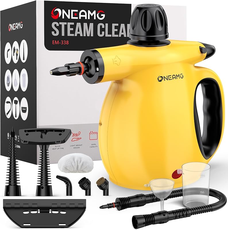 Handheld Steam Cleaner, 450ml Tank,10 Accessories, for Home & Car | Pressurized Steam Removes Stubborn Grime,Safety Lock,Multi-surface: Furniture、Floor、Kitchen,Portable & Lightweight
