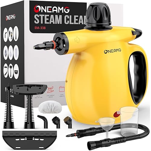 Pressurized Handheld Steam Cleaner -1050W Powerful Steamer for Grout, Oven Grease & Bathroom Mold with 10 Attachments | 3-5Min Heat-Up, 15oz (450mL) Tank | 221°F Heating Temperature