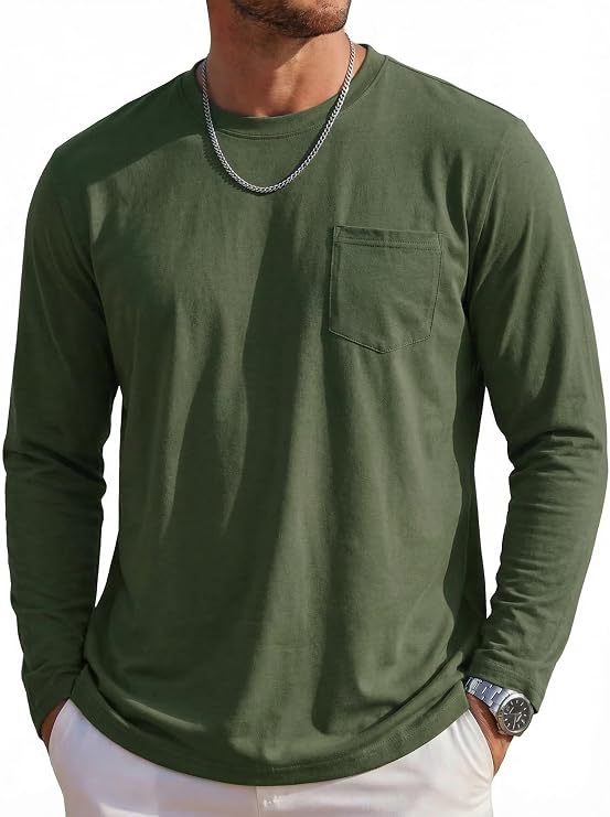Cavva Men's T-Shirt Long Sleeve Cotton Shirt with Pockets Basic Crew Neck Long Sleeve Pullover Autumn Basic T-Shirt